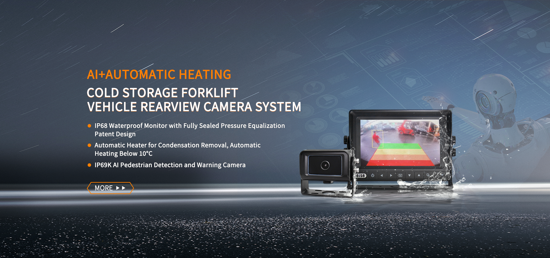 Rear view camera system for cold storage forklifts